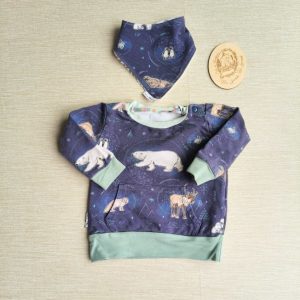 PRE-LOVED; RE-LOVED Age 1 French Terry Sweater and Bib GUC MM Arctic Animals/Dark Mint