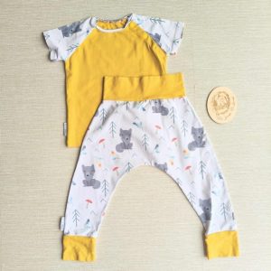 PRE-LOVED; RE-LOVED Age 1 OUTFIT: Raglan T and Harems EUC Winter Wolf/Yellow with poppered neckline
